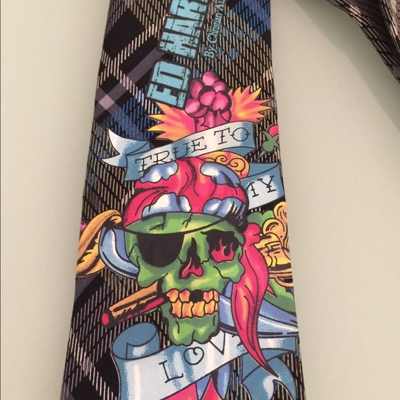 Rare designer Ed Hardy Tie skull plaid vintage Tie - Picture 3 of 7